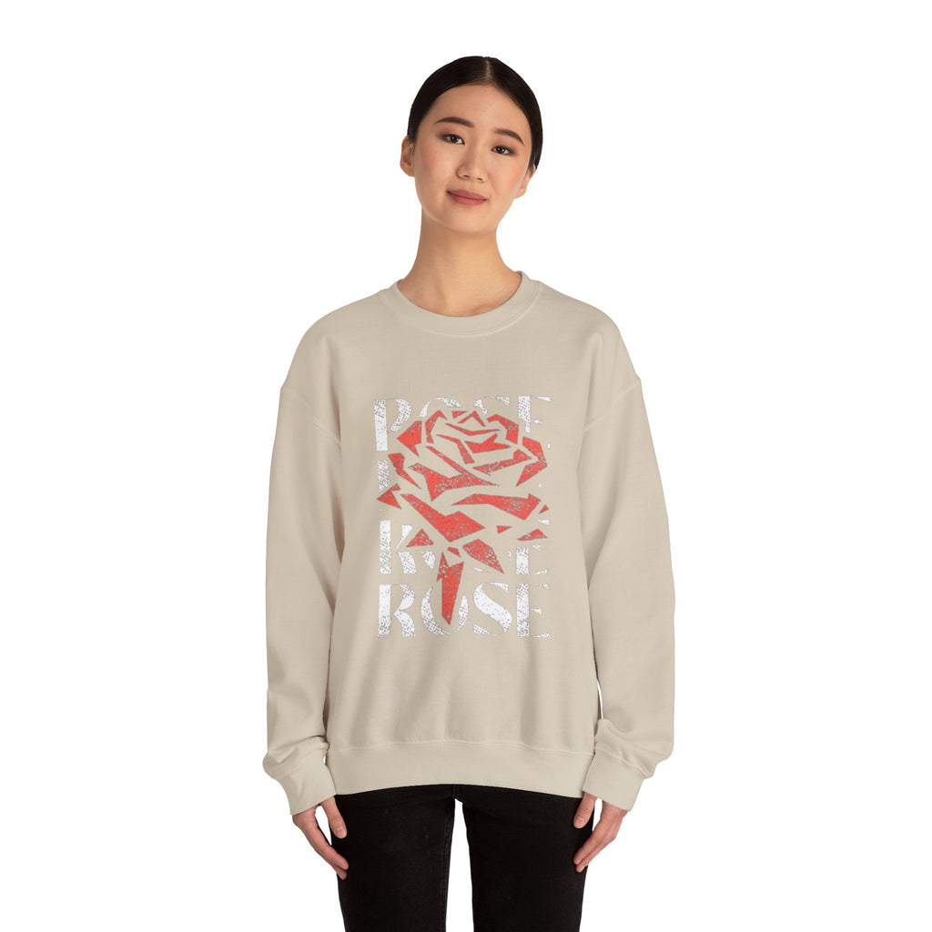 Rose Graphic Sweatshirt — Distressed Red Rose Text Design