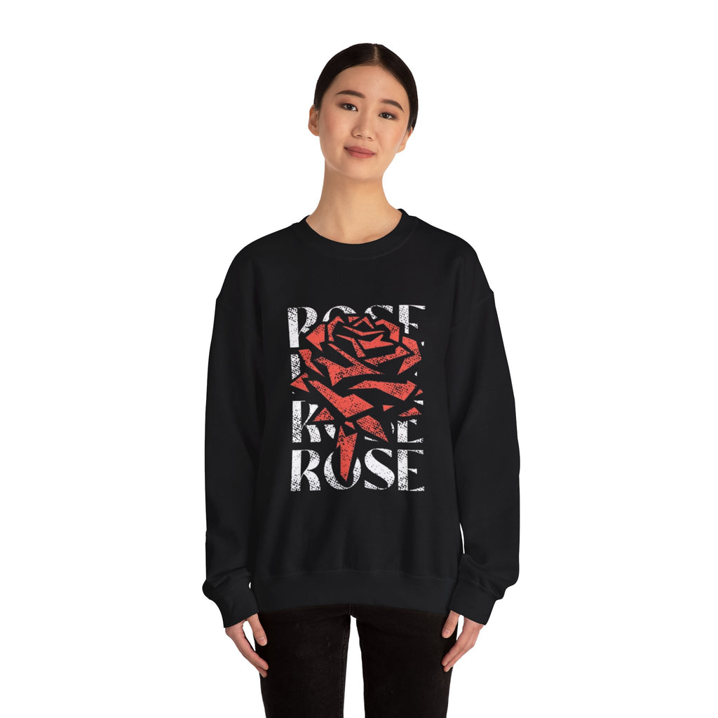 Rose Graphic Sweatshirt — Distressed Red Rose Text Design
