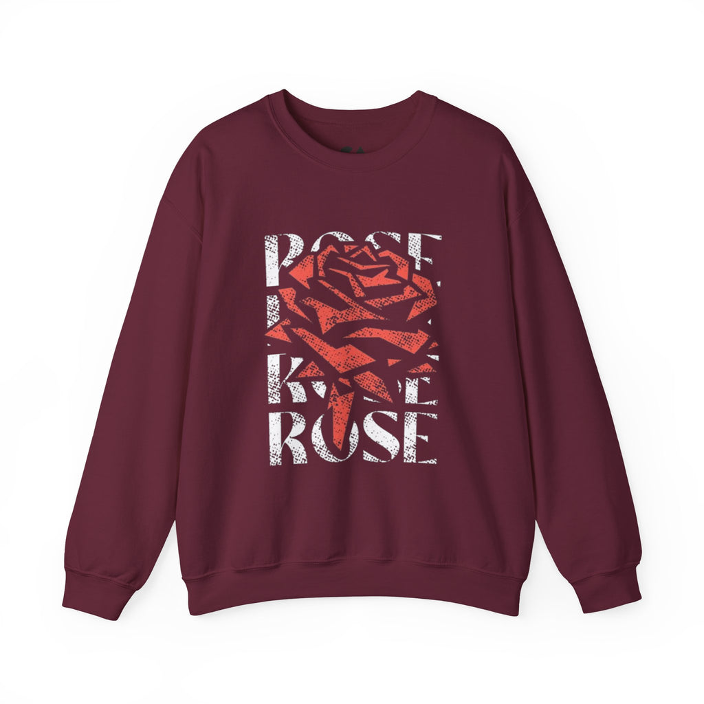 Rose Graphic Sweatshirt — Distressed Red Rose Text Design