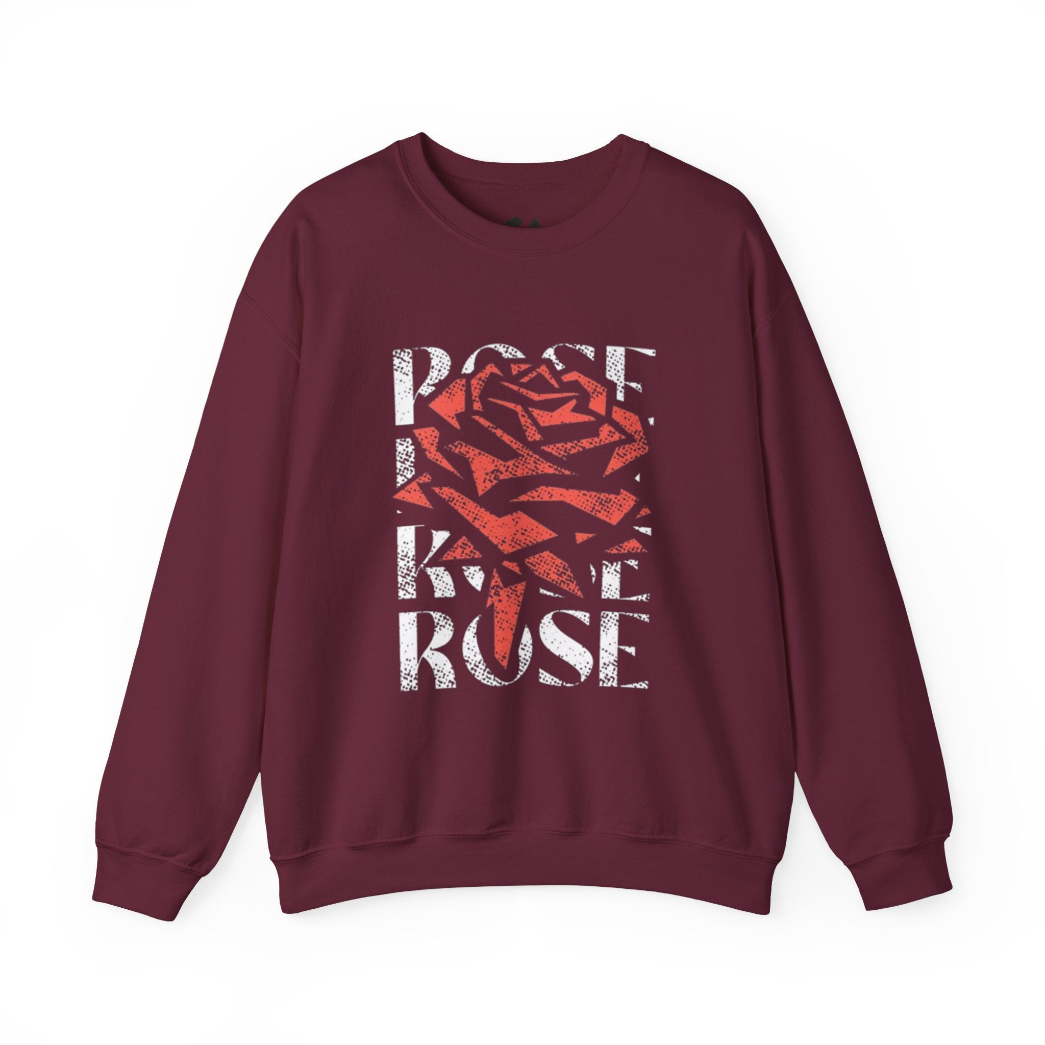 Rose Graphic Sweatshirt — Distressed Red Rose Text Design