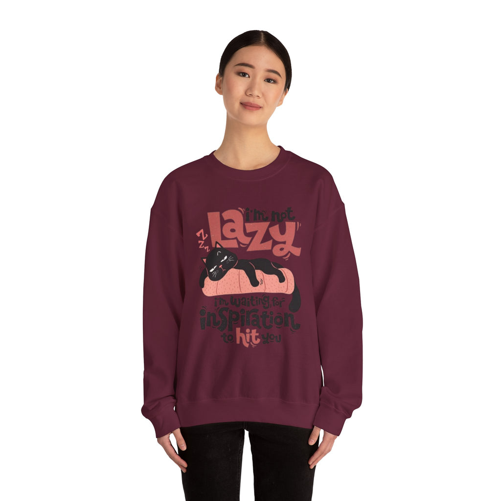 Crewneck Sweatshirt — “I’m Not Lazy, I’m Waiting for Inspiration to Hit You” Cat Graphic