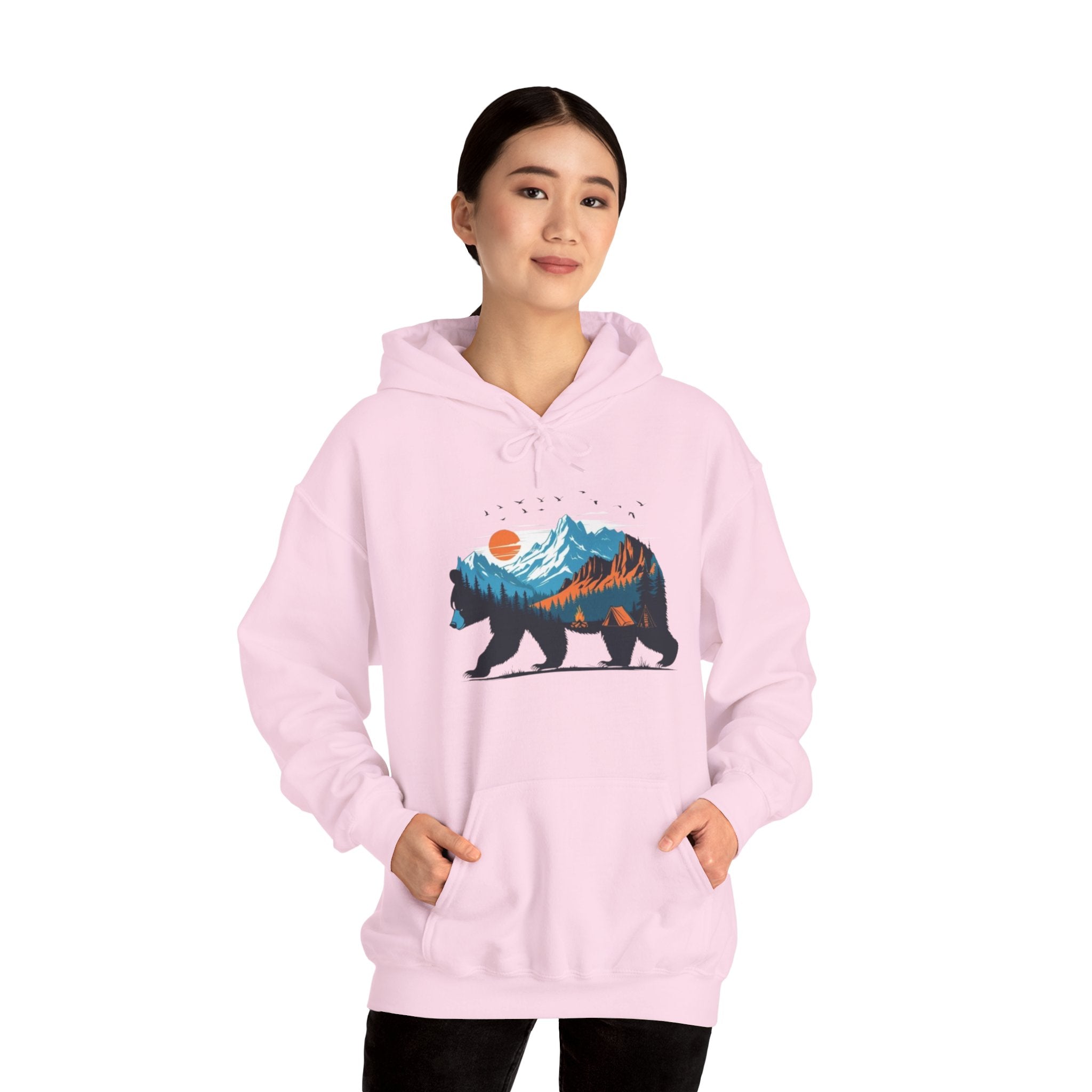 Bear Mountain Hoodie — Scenic Wilderness Graphic Hoodie (Sunset & Pine Forest Silhouette)