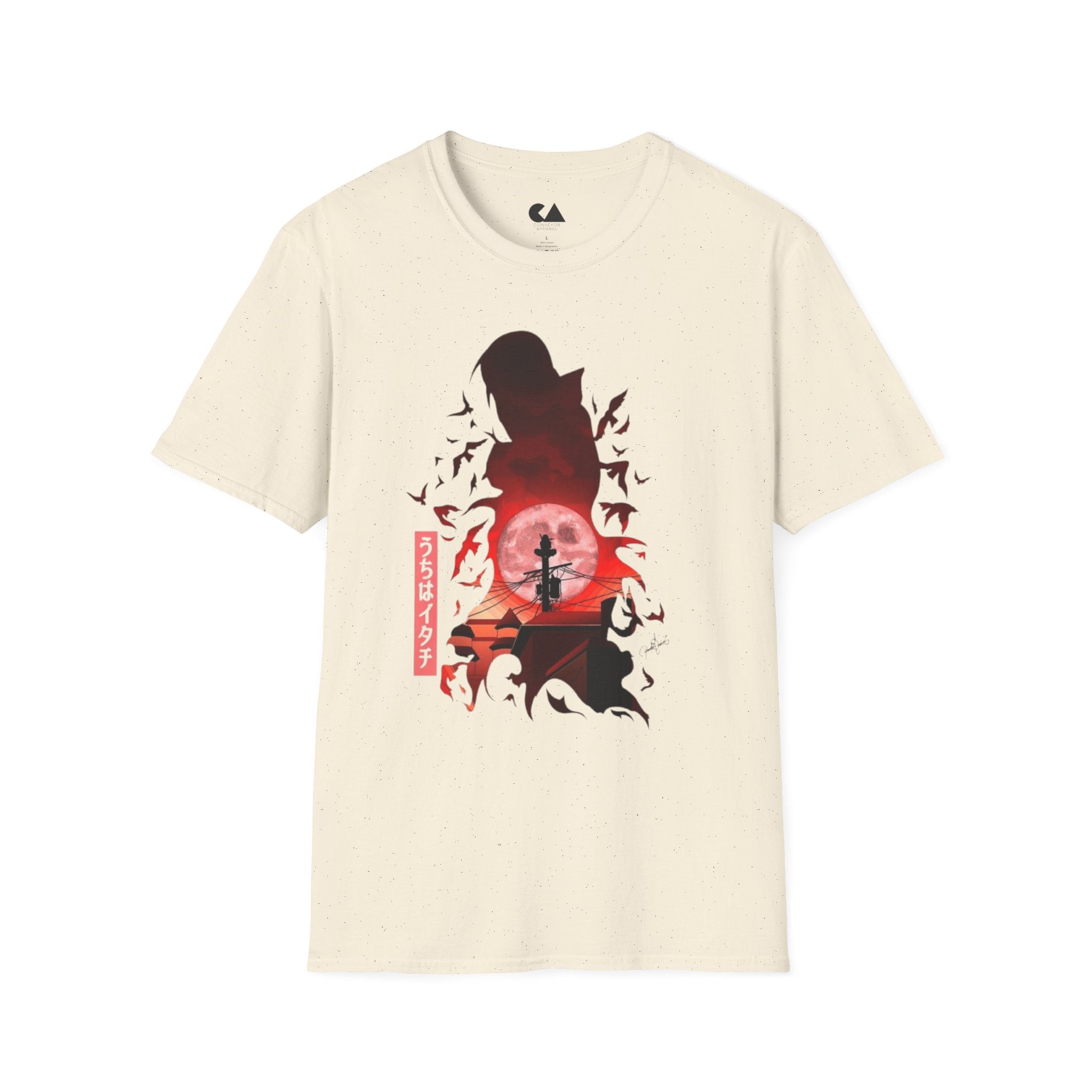 T-Shirt — Samurai Silhouette at Red Moon (Bats & Japanese Script)
